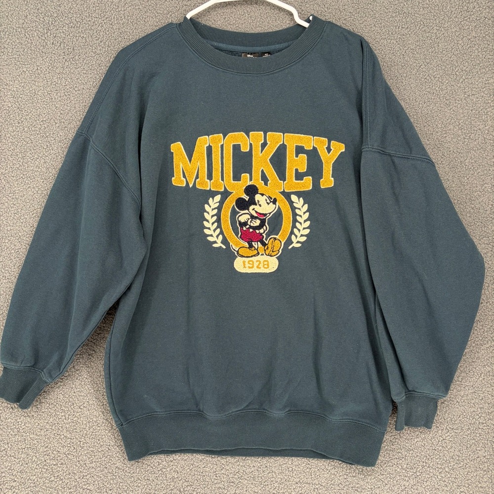 Disney Mickey Mouse 1928 Chenille Graphic Sweatshirt Teal Blue Small SM